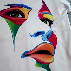 UOOZEE Abstract Face Graphic Sleeveless Mock Neck Fierce Bold Art SZ L